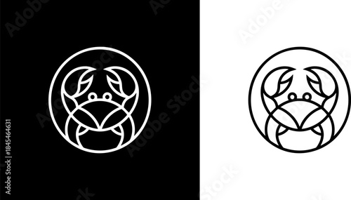 Minimalist and elegant line art design featuring a stylized crab icon within a circular frame, suitable for branding and seafood-related businesses, representing quality and a modern aesthetic