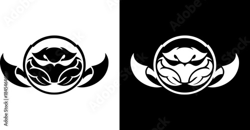 Bold black and white crab logo concept. Stylized aggressive marine creature design embodying aquatic power and strength for dynamic branding and visual identity