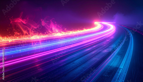 Vibrant neon light trails on a dark road with red and blue smoke effects abstract background