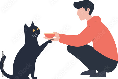 Man feeding black cat from bowl pet care illustration concept happy owner and companion animal relationship isolated on white background
