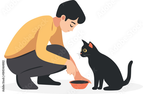 Man kneeling feeding a black cat from an orange bowl illustration pet care companion love concept