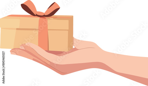Hand holding a simple cartoon gift box with peach ribbon and bow isolated on white background for present giving concept
