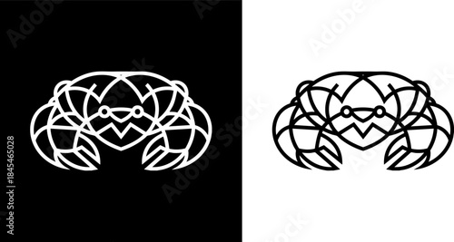 Minimalist white crab icon on black and white backgrounds, representing marine life and ocean exploration