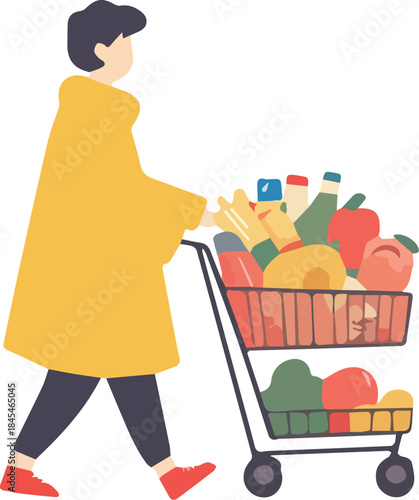 Person pushing grocery cart filled with fresh produce and supermarket items flat illustration shopping concept