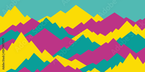 Vibrant Abstract Geometric Mountain Landscape Illustration featuring Overlapping Peaks in Dynamic Yellow, Teal, and Magenta Hues for a Modern Background Design
