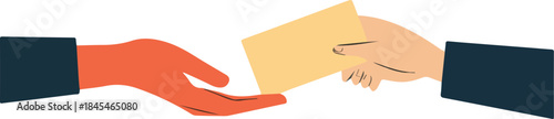 Two hands exchanging a yellow envelope or letter flat design illustration for mail or secret document transfer concept