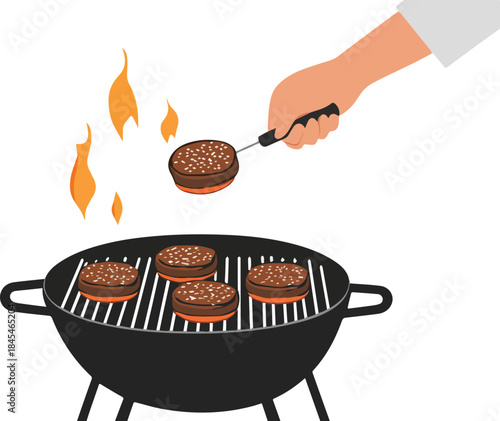Hand flipping seasoned burger patty on charcoal grill with flames for summer barbecue cookout illustration
