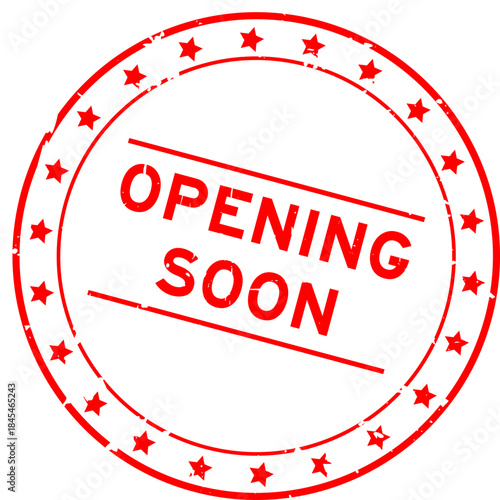 Grunge red opening soon word round rubber seal stamp on white background