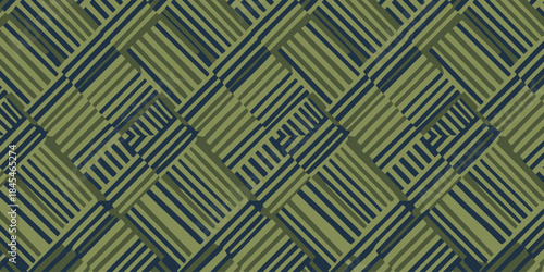 Seamless geometric pattern with diagonal lines in olive green and dark blue, creating a modern abstract textile design or elegant wallpaper background for various applications
