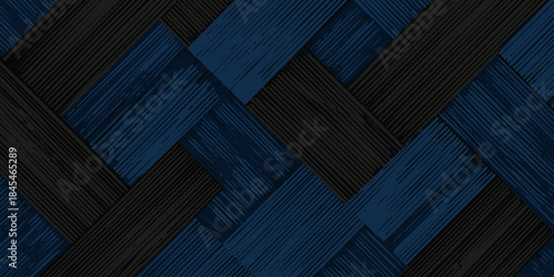 Abstract dark blue and black woven texture background with diagonal lines and wood grain effect