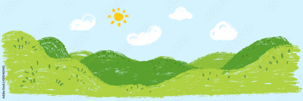 Naklejka premium Green hill panoramic nature landscape with sky in hand drawn cartoon doodle style made from pencil, marker or chalk crayon. Scribble vector illustration background for children book.