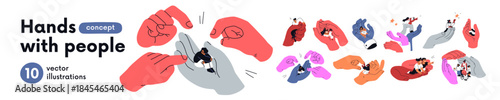 Giant hands holding tiny people, psychology set. Palms protecting, blaming, assaulting and inspiring. Support, care and help, violence concept. Isolated conceptual flat vector illustrations.