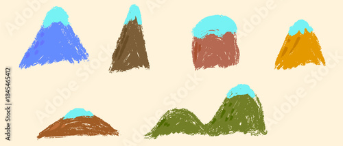 Mountains illustration various shape in hand drawn naive sketch style made from pencil, marker or chalk crayon. Set of cartoon doodle vector elements for children book or sticker.
