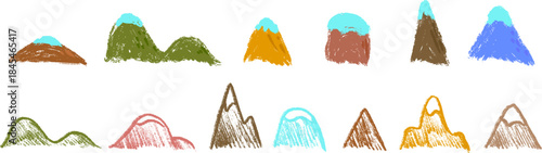 Cartoon doodle mountains peaks various shape in hand drawn sketch style made from pencil, marker or chalk crayon. Set of scribble vector illustration elements for children book or sticker.