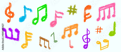 Schilderij op canvas Cartoon doodle music note various shape in hand drawn sketch style made from pencil, marker or chalk crayon
