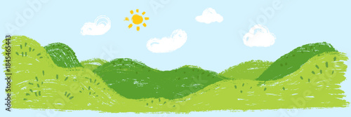 Green hill panoramic nature landscape with sky in hand drawn cartoon doodle style made from pencil, marker or chalk crayon. Scribble vector illustration background for children book.