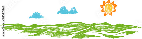 Cartoon nature panoramic background with green hilly ground, clouds and sun in hand drawn doodle style made from pencil, marker or chalk crayon. Vector illustration for children book.