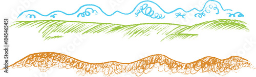 Set doodle cartoon nature panoramic landscape in hand drawn style made from pencil, marker or chalk crayon. Vector illustration decoration for children book.