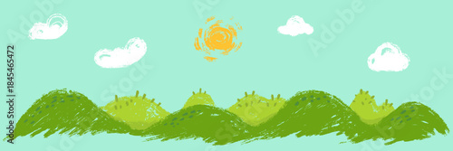 Panoramic nature green hill landscape with sun and clouds in hand drawn cartoon doodle style made from pencil, marker or chalk crayon. Scribble vector illustration background for children book.