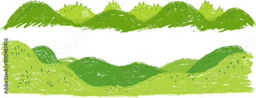 Green hill panoramic nature landscape in hand drawn cartoon doodle style made from pencil, marker or chalk crayon. Set scribble vector illustration background for children book.