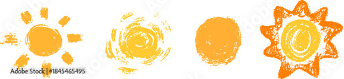 Cartoon doodle suns various shape in hand drawn sketch style made from pencil, marker or chalk crayon. Set of scribble vector illustration elements for children book or sticker.