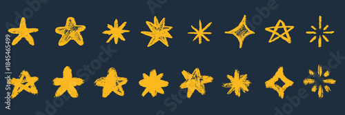 Cartoon doodle stars various shape in hand drawn sketch style made from pencil, marker or chalk crayon. Set of scribble vector illustration elements for children book or sticker.