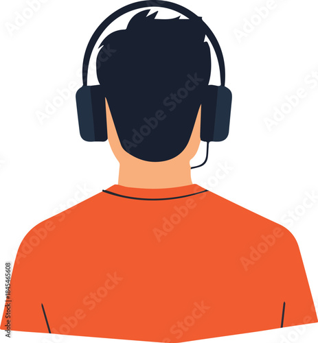 Male customer support agent wearing headset seen from behind orange shirt illustration isolated on white background