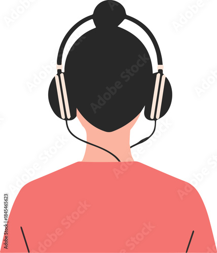 Minimalist illustration from behind of person with black hair bun wearing headphones listening to music or audio isolated on white background for podcast or