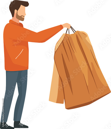 Bearded man in orange sweater holding two large brown shopping bags after retail purchase isolated on white background