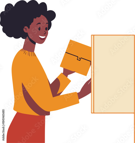 Smiling Black Woman Holding Briefcase Placing Mail or Document on Empty Announcement Board Illustration for Copy Space