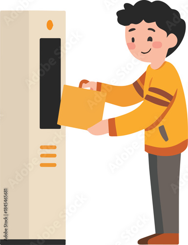 Happy student picking up package from school locker automated pickup station flat illustration for delivery service concept