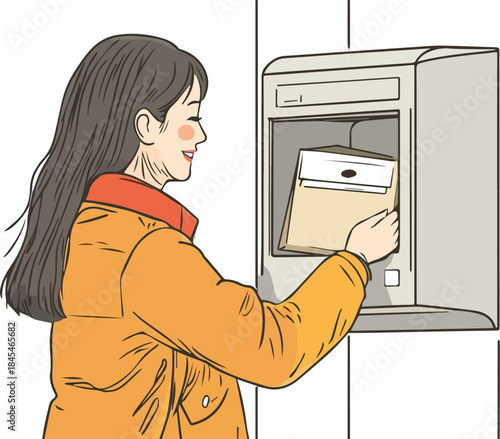 Smiling woman in orange coat retrieving a package from an apartment building smart mailbox or delivery locker