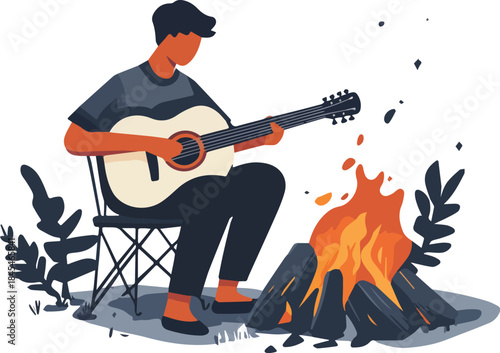 Man playing acoustic guitar sitting by a campfire outdoors illustration for camping music relaxation and nature themes