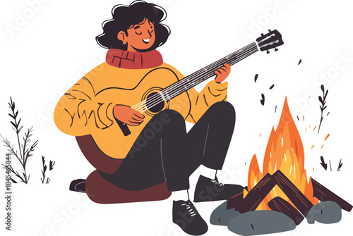 Happy Young Person Playing Acoustic Guitar by Campfire Outdoors with Minimalist Flat Design Isolated on White Background