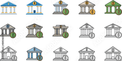 Bank icon set with dollar symbol, classical building variations in color and outline, financial institution and money concept graphic