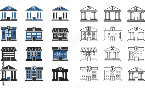 Bank building icon set with dollar symbol, diverse architectural styles in color and outline, financial institution concept graphic