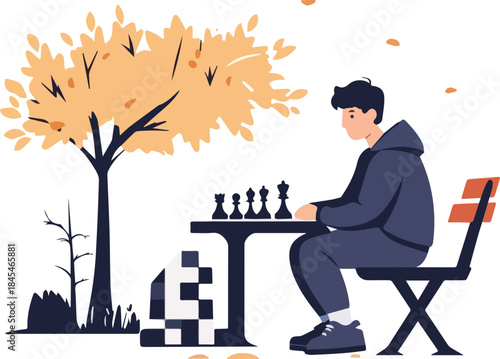 Young man playing chess outdoors under an autumn tree park bench strategy game thinking leisure activity flat illustration