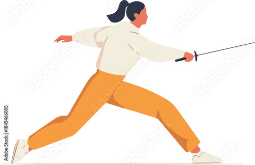 Female Fencer Woman in Lunge Position Practicing Sport Attack with Epee Foil Sword Isolated on White Background