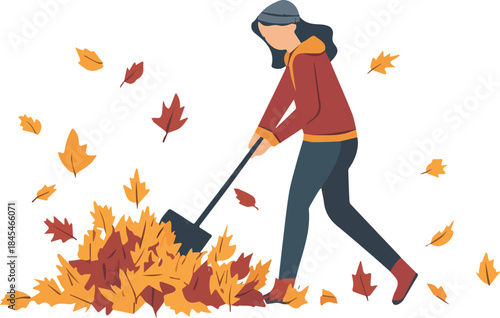 Woman raking pile of colorful autumn fall leaves with shovel cartoon illustration seasonal yard work isolated on white background