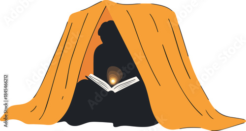 Silhouette of person reading book under orange blanket tent with glowing light isolated on white background learning study concept