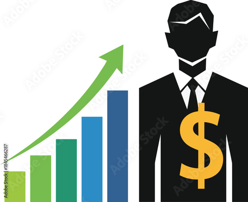Business growth and financial success icon, bar chart with upward arrow and dollar symbol on executive silhouette, investment concept graphic