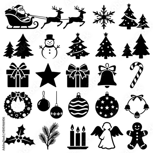 Christmas Silhouette Collection: Santa in Sleigh with Reindeer, Christmas Trees, Ornaments, and Festive Icons