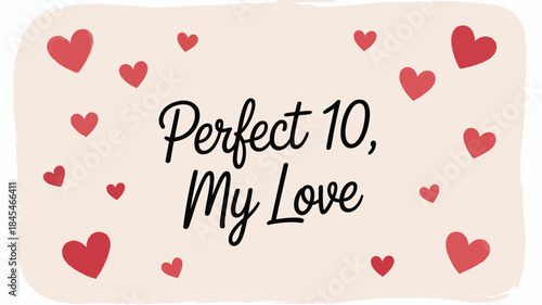 Valentine's day card with red hearts and romantic text on light peach background