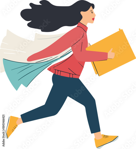 Busy professional woman running fast with many documents and yellow folder deadline concept vector illustration