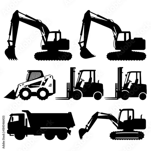 Row of heavy construction machinery silhouettes in vector illustration