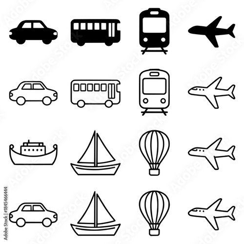 Vector silhouette transportation icons arranged in a grid: cars, buses, trams, planes, boats, sailboats, and balloons