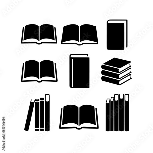 Vector silhouette of open and closed books arranged in stacks