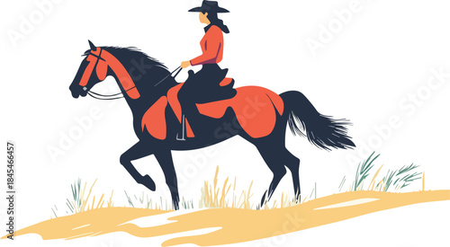 Cowgirl riding dark horse with orange accents on dirt path minimalist vector illustration western horseback riding rancher