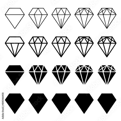Grid of Geometric Diamond Icons: From Line Art to Solid Silhouettes