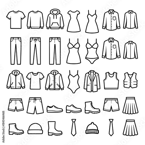 Vector silhouette lineup of assorted clothing icons: shirts, dresses, outerwear, swimwear and footwear